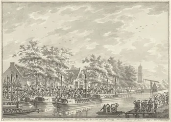 Llegada de los Amsterdammers a Utrecht, 1787 Vista De La Llegada De Los Ciudadanos De Amsterdam En Utregt En De Rooy Brug. Después de Den Dom para ver. 1787. (título sobre objeto)