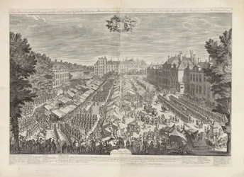 Feria de La Haya con el Príncipe y la Princesa de Orange, 1686 La feria de La Haya con el cartel de hamburguesas en ascenso presentando a sus Altezas Reales mi señor el príncipe y la señora princesa de Orange / Foire de la Haye, avec les bourgois sous les 