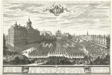 Pistoleros en la Plaza Dam durante la Feria de Amsterdam, 1686 Feria de Ámsterdam que muestra la hamburguesa en las armas, sig Presentando aaen de Groot Agtb: Heeren Burgermeesteren (título sobre el objeto) Foire d