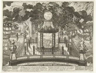 Fuegos artificiales en el Hofvijver en celebración de la victoria en Vigo, 1702 Representaciones de los fuegos artificiales de Her Hoog Moogde Heeren Staten General der Vereenigde Neederlanden ordenados para el uso de los éxitos de Heerlicke de otras armas