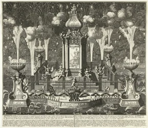 Fuegos artificiales en la celebración del Tratado de Utrecht, 1713 Imagen del teatro con ornamentos syn y fuegos artificiales constigh, erigido por ordere van Haar Ed. Groot Mog: el Heeren Staten van Holland y West Vriesland (...) en La Haya, en el vyver (