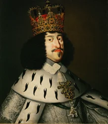 El rey Federico III de Dinamarca y Noruega con vestiduras de coronación ...