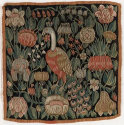 Funda de cojín de tapiz con pájaro entre flores, fabricado en Schleswig-Holstein, Dinamarca, c.1690 (lana)
