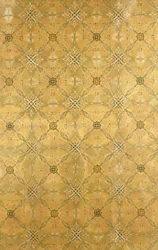 Un panel de techo, con diseño abstracto repetitivo de follaje en verde oliva, ocre, rojo y amarillo, c.1893
