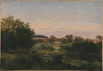 Paisaje con una cabaña junto a un estanque