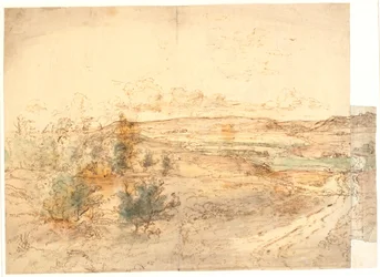 Vista amplia de un paisaje con grandes colinas alrededor de un arroyo. ¿Oeste de Fionia?
