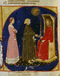 Dante y Beatriz en el encuentro con Justiniano, escena del Paraíso, Canto VI, de La Divina Comedia de Dante Alighieri (1265-1321), miniatura del Véneto, Italia.