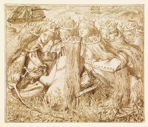 Diseño para el Tennyson de Moxon - el rey Arturo y las reinas llorosas
