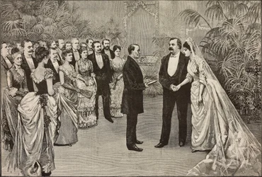 Boda del presidente estadounidense Grover Cleveland y Frances Folsom, 2 de junio, Washington, Estados Unidos de América, dibujo de Dante Paolocci, grabado de L