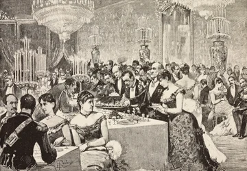 Sala del bufé, Baile de Corte en el Quirinale, Roma, Italia, grabado a partir de un dibujo de Dante Paolocci, de L