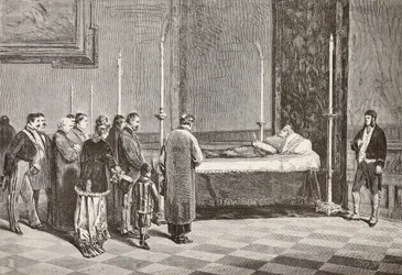 El cuerpo del cardenal Giacomo Antonelli yace en una de las salas del Vaticano, grabado a partir de un dibujo de Dante Paolocci de L