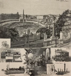 Fiesta de Carnaval en la Piazza del Popolo vista desde la colina del Pincio, Roma, Italia, grabado según dibujo de Dante Paolocci, de L