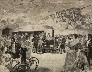 Fiesta de carnaval en el Club Artístico Internacional (Circolo Artistico) de Roma, Italia, grabado según un dibujo de Dante Paolocci, de L