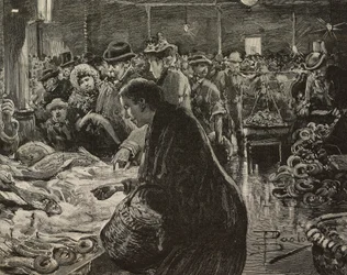 Mercado de Navidad en Roma, Italia, grabado según dibujo de Dante Paolocci, de L
