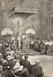 Consistorio del 13 de noviembre, el Papa León XIII donde creó nuevos cardenales, Vaticano, grabado a partir de un dibujo de Dante Paolocci, de L