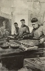 Recuento de monedas en la ceca de Roma, Italia, grabado según dibujo de Dante Paolocci, de L