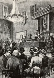 Elección de Regentes en la República de San Marino, grabado a partir de un dibujo de Dante Paolocci, de L