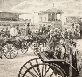 Hombres y mujeres elegantes asisten a una carrera de caballos en el hipódromo, Roma, Italia, grabado a partir de un dibujo de Dante Paolocci, de L