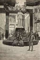 Exposición de tejidos y encajes, Galería Rotonda y Tejidos, Roma, Italia, grabado a partir de un dibujo de Dante Paolocci, de L