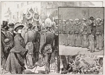 Funeral del almirante Luigi Buglione di Monale (1821-1884), Roma, Italia, grabado a partir de un dibujo de Dante Paolocci, de L