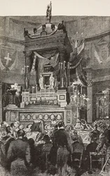 Políticos y oficiales italianos asisten a la ceremonia fúnebre de Víctor Manuel II (1820-1878), rey de Italia, Roma, Italia, grabado a partir de un dibujo de Dante Paolocci, de L