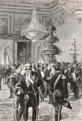Políticos y oficiales italianos celebrando la Nochevieja en el Palacio del Quirinal, Roma, Italia, grabado de Centenari a partir de un dibujo de Dante Paolocci, de L