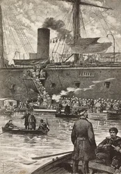 Soldados italianos a bordo del acorazado Principe Amedeo, expedición italiana en el Mar Rojo, Nápoles, Italia, grabado a partir de un dibujo de Dante Paolocci, de L