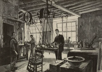Taller mecánico en la ceca de Roma, Italia, grabado según dibujo de Dante Paolocci, de L