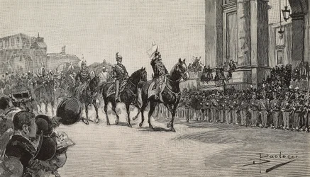 Desfile militar en Macao con motivo del cumpleaños del Rey Umberto I, 14 de marzo