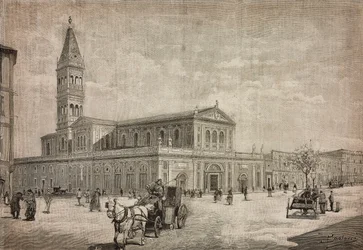 Nueva iglesia del Sagrado Corazón en Roma, Italia, grabado a partir de un dibujo de Dante Paolocci, de L