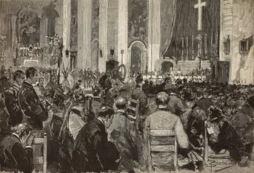 Exequias de difuntos en Dogali en la iglesia de Sant Andrea della Valle, Roma, grabado a partir de un dibujo de Dante Paolocci, de L