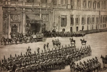 Apertura del Parlamento, llegada del rey Umberto I a Montecitorio, Roma, Italia, grabado a partir de un dibujo de Dante Paolocci, L