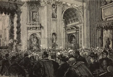 Bendición papal con ocasión del jubileo episcopal de León XIII, Basílica de San Pedro, Vaticano, grabado según dibujo de Dante Paolocci, de L