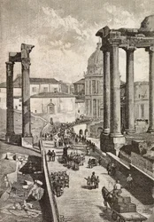 Pasaje a través del Foro, Roma, Italia, grabado a partir de un dibujo de Dante Paolocci, de L