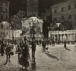 Plaza Colonna iluminada con luz eléctrica, Roma, Italia, dibujo de Dante Paolocci, grabado de L