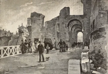 Paseo público (Summa Nova Via) en el Palazzo dei Cesari, Roma, Italia, grabado a partir de un dibujo de Dante Paolocci, de L