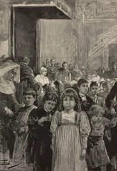 Recepción de niños en las celebraciones jubilares del Papa León XIII, Vaticano, grabado según dibujo de Dante Paolocci, de L