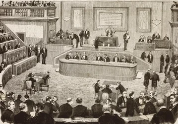 Sesión del 26 de julio del Senado italiano, Roma, Italia, grabado a partir de un dibujo de Dante Paolocci, L