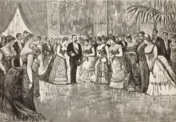 Umberto I (1844-1900), rey de Italia, y su esposa Margarita de Saboya (1851-1926) en un baile en el palacio del Quirinal, Roma, Italia, grabado a partir de un dibujo de Dante Paolocci, de L