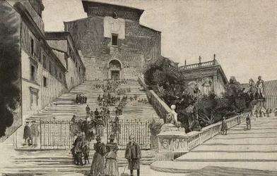 Vista de la Basílica de Santa María in Aracoeli, Roma, Italia, grabado según dibujo de Dante Paolocci, de L