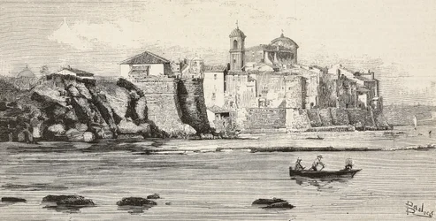 Vista de Nettuno, Italia, grabado a partir de un dibujo de Dante Paolocci, de L