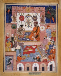 Misbah el tendero lleva al espía Parran a su casa, Folio de un Hamzanama..., ca. 1570