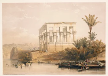 Egipto, El Templo de Filae conocido como la "Cama del Faraón", grabado basado en un dibujo de David Roberts de "Egipto y Nubia"