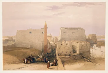 Egipto, entrada al Templo de Luxor, grabado basado en un dibujo de David Roberts