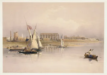 Egipto, ruinas de Luxor desde el río Nilo, grabado basado en un dibujo de David Roberts