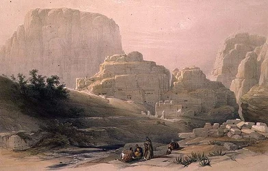 Extremo inferior del valle mostrando la Acrópolis, Petra, 9 de marzo de 1839, lámina 102 del Volumen III de 