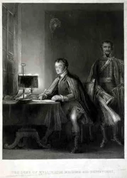 El Duque de Wellington Escribiendo sus Despachos, grabado por William Greatbach