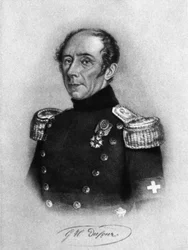 Retrato de Guillaume-Henri Dufour (1787-1875), general, ingeniero, topógrafo suizo y cofundador del Comité Internacional de la Cruz Roja, grabado según un dibujo de Karl Friedrich Irminger (1813-1863)