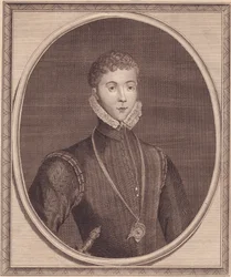 Retrato de Henry Stuart, Lord Darnley (1545-1567), Rey Consorte de Escocia, grabado en cobre por John Goldar (1729-1795) después de una pintura de Lucas de Heere