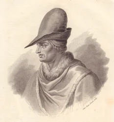 Retrato del jefe militar italiano Uguccione della Faggiola (1250-1319), grabado en cobre de Caterina Piotti-Pirola